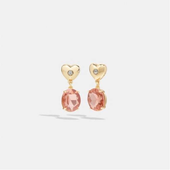 COACH Heart Drop Earrings  Cubic Zirconia, Glass Pink Gold Earrings NEW - Picture 3 of 4